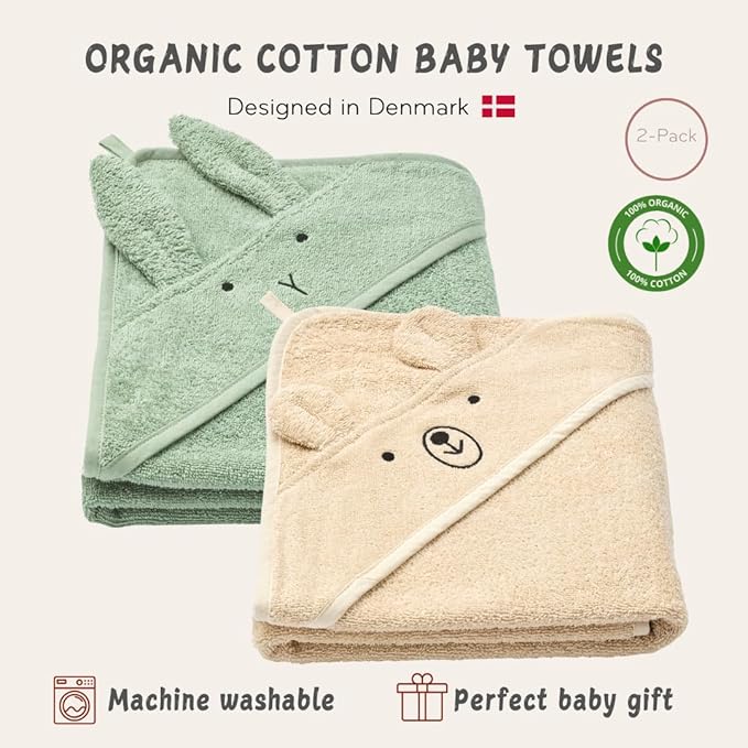 Hooded Baby Towels – 100% Organic Cotton Baby Bath Towels – Baby Boy and Girl Newborn Essentials - Super-Soft and Absorbent. (2-Pack Fog Bear and Roman Green Rabbit)