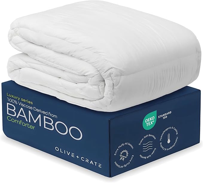 Olive + Crate Cooling Down Alternative Comforter - Hypoallergenic King Size Duvet Insert Lightweight - All Seasons Plush Design Bamboo Comforter - 100% Bamboo Viscose Outer Cover - White 102"x90"