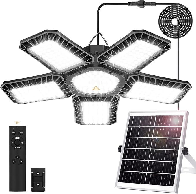 Solar Light for Shed with Constant On & Motion Activated Simple 2 Modes Tempered-glass Solar Panel with 267 LED Large Pendant Lamp Outdoor Indoor for Garage Shop Barn Gazebo Coop Home Day & Night Use