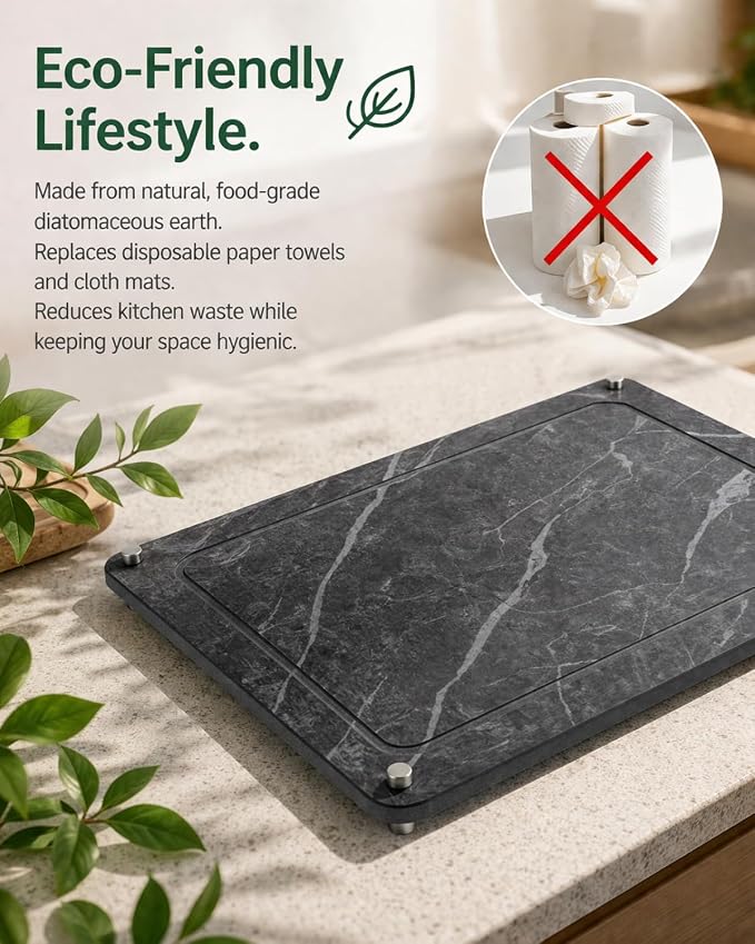 Large Stone Drying Mat for Kitchen Counter - 16”*12” Marble Veining Quick Drying Fast Absorbent Drying Mat, Natural Diatomaceous Earth Dish Drying Mat