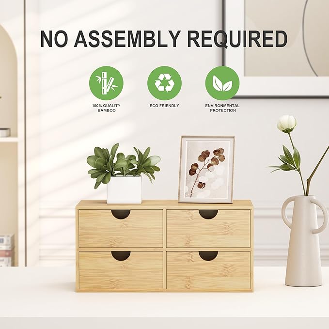 Wisuce Desk Organizer with Drawers - Bamboo Desktop Organizer Storage | White-Natural Wood Desk Drawers Organizer for Bills, Office Supplies, Cosmetics, Seals No Assembly Required(4 drawers)