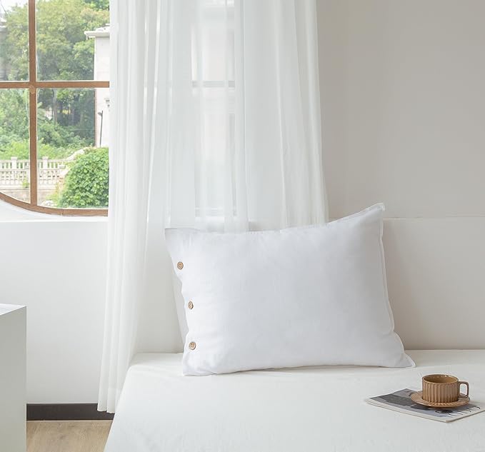 EVERLY 100% Linen Pillowcases Set of 2, French Linen from Normandy, 20X36Inch Standard Size, Natural Color, Coconut Buttons Closure, Flax Pillowshams-Pillowcase-White