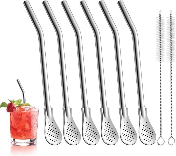 6 in Reusable Yerba Mate Straws, 6 Pcs Metal Spoon Straws Bent | Stainless Steel Short Straw Spoon, Removable Drinking Filter Straws with 2 Cleaning Brushes for Tea Coffee Cocktail(Silver)