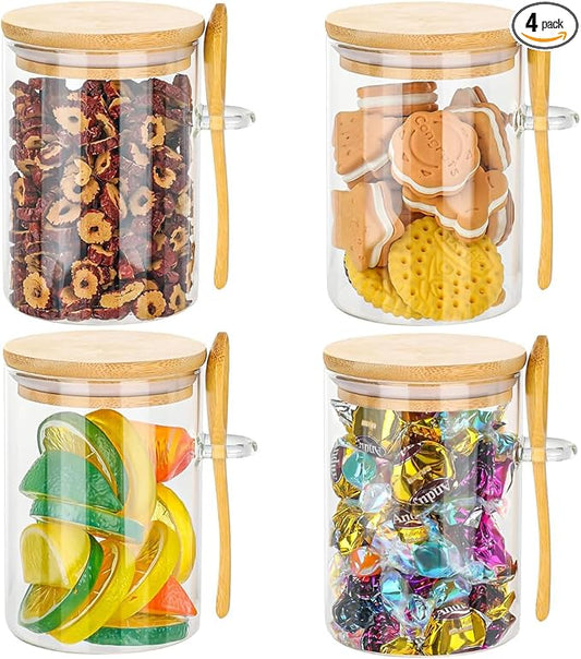 Glass Containers with Airtight Bamboo Lids Set of 4 Food Storage Containers 18.2Oz with Scoop for Sugar Cereal Nuts Spice Jars