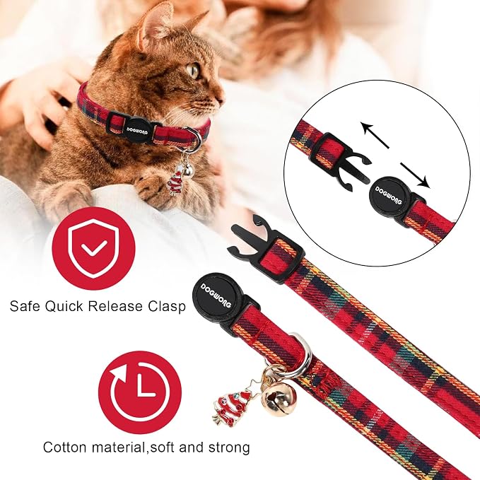 Cat Collar,2 Pack Cat Collars Breakaway with Bell, DOGWONG Safety Buckle Red Christmas Plaid Cat Collar for Girl Boy Cats and Small Dogs，Adjustable 7-12 Inch,Pet Supplies Accessories