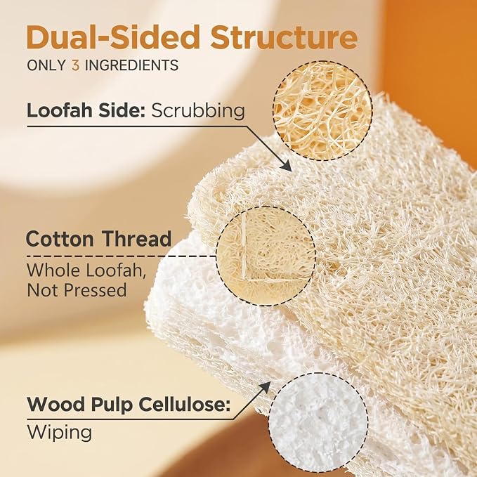Natural Loofah & Cellulose Dual Sided Sponge 5 Pack | Compostable, Plastic-Free, Biodegradable Kitchen Scrubber | Non-Scratch for Dishes, Pots, Pans & Cast Iron