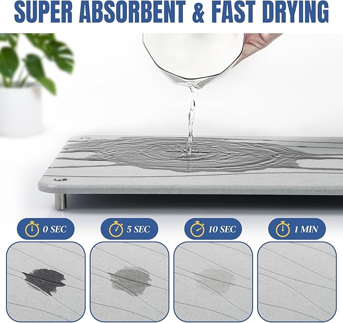 Stone Drying Mat for Kitchen Counter, Diatomaceous Dish Drying Mats Superb Absorbent with Non-Slip Stainless Steel Feet for Dishes, Bottles and more, 15.7"(L)×11.8"(W), Light Grey Wave