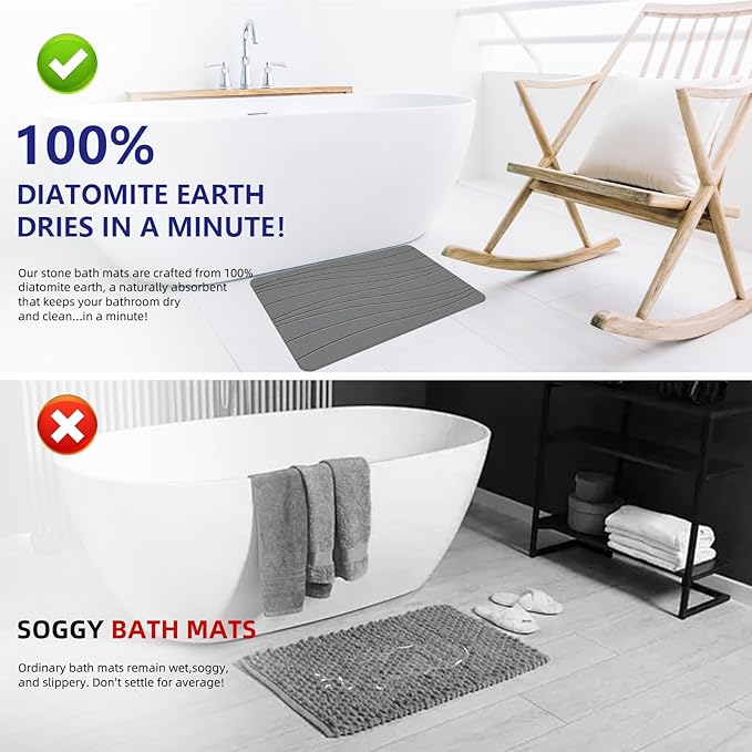 Fast Drying Stone Bath Mats for Bathroom, Non-Slip Diatomaceous Earth Bath Mat, Super Absorbent Bath Mat Stone Dark Gray Wave