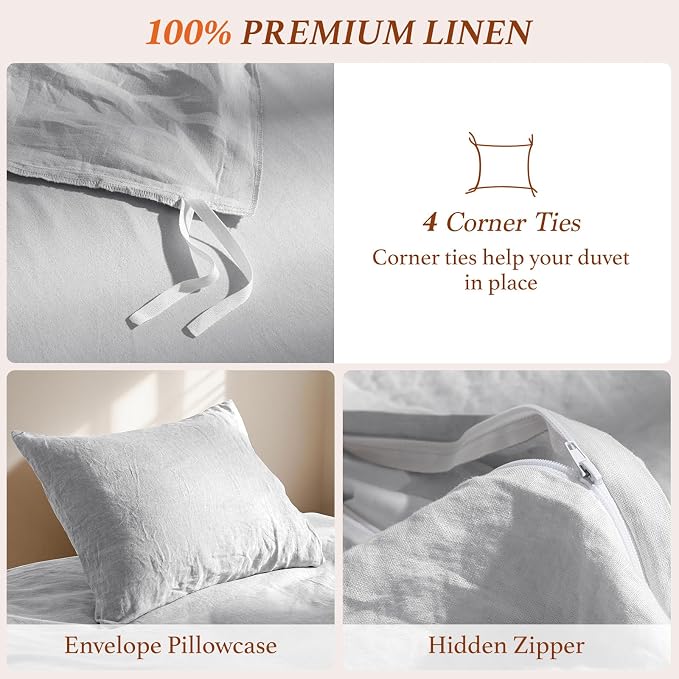 100% Pure Linen Duvet Cover Set Queen Size 3 Pcs Natural Linen Bedding Zipper Closure Breathable Soft Comforter Cover Sets, Cozy for All Season (Queen, Gray)