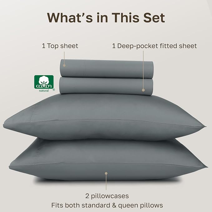 California Design Den 100% Egyptian Cotton Bed Sheets Full, Certified Authentic Deep Pocket Full Size Sheets Set, Soft and Breathable Sateen, Luxury Cotton Sheets (Grey, Full)