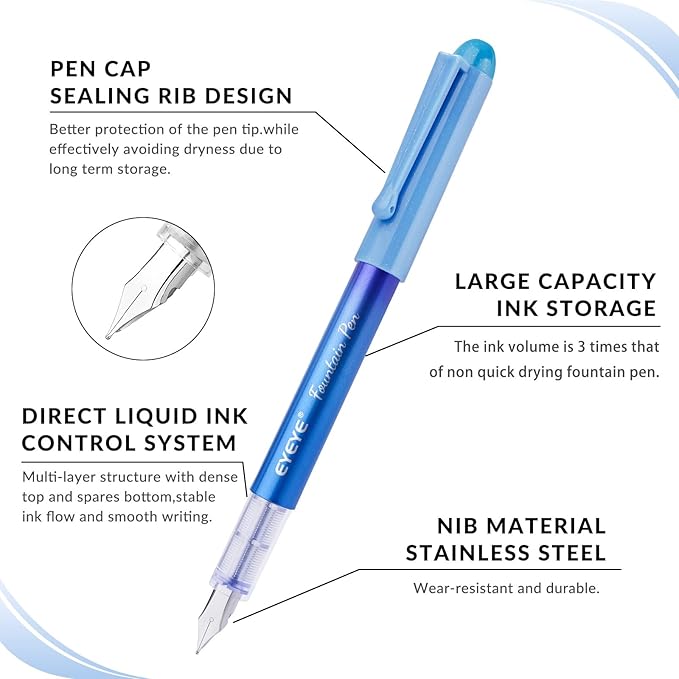 EYEYE Disposable Fountain Pens for Writing, Pack of 8 Black Fountain Pens Medium Point Stainless Steel Nib