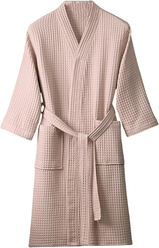 Men and Women 100% Cotton Waffle Bathrobe,Lightweight Soft Absorbent Kimono Robe,Couple Dressing Gowns Housecoat