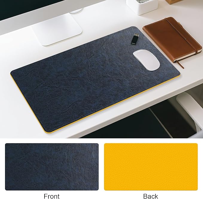 Imitation Crazy Horse Leather Desk Mat - Waterproof Desk Pad - Ideal for Large Mouse Pad and Desk Mats on Top of Desks (Dark Blue+Yellow, 25"*13")