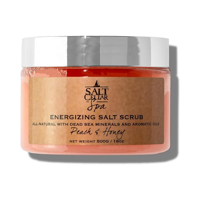 Salt Cellar Spa Energizing Peach & Honey Salt Scrub - Sweet Serenity with Dead Sea Minerals - Revive, Refresh, and Rejuvenate your Skin - Made in Israel, Cruelty-Free, 18 oz.