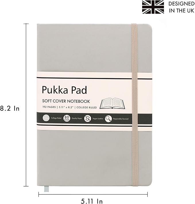 Pukka Pad Soft Cover A5 Notebook – Vegan Leather Journal with 192 Pages, 96 Sheets of 80GSM Ivory Paper, College Ruled without Margins – 5.8 x 8.2in, Oatmeal