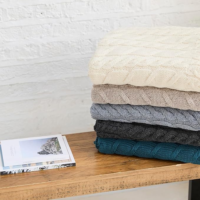 Aran Woollen Mills Cable Throw Blanket, 100% Supersoft Merino Wool, Made in Ireland, Silver Strand, Oat, 40" x 60"