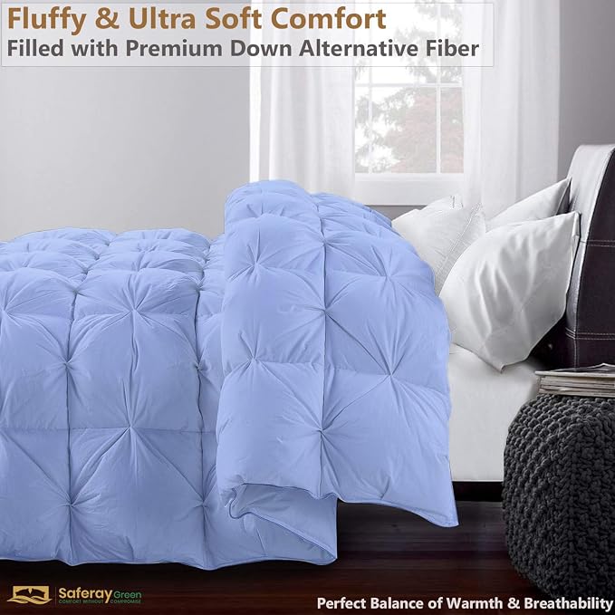 Grand Size Down Alternative Comforter 106x106 Inch Light Blue – 500 GSM Ultra Soft Breathable, Luxury Pintuck Pinch Pleat, All Season Duvet Insert with Corner Tabs, Machine Washable