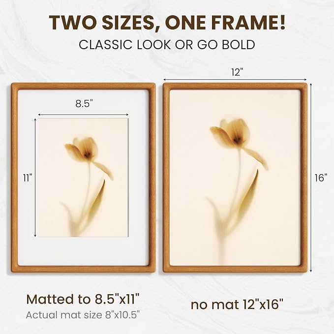12x16 Picture Frame, USA-Sourced Teak Wood Picture Frame 12 x 16 for Art & Poster Display, 12x16 Frame with High Tempered Glass, Wooden Frame Matted to 8.5x11 Photo Wall Mounted, 1 Pack