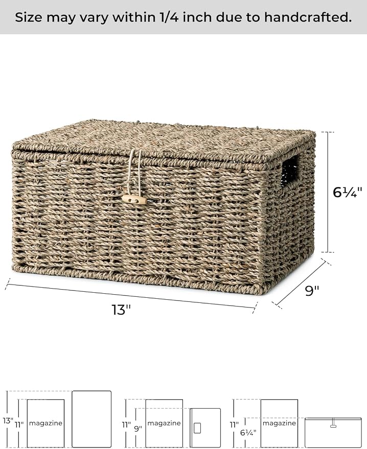 StorageWorks Seagrass Wicker Baskets for Organizing, Medium Wicker Basket with Lid, Decorative Basket with Built-in Handles, Towel Storage for Shelf, 1 Pack
