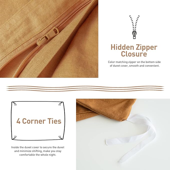 BISELINA French Linen Duvet Cover Set 3pcs with Hidden Zipper Closure Natural Flax Cotton Blend Solid Color Soft Breathable Luxury Farmhouse Bedding -Queen Size, Rust