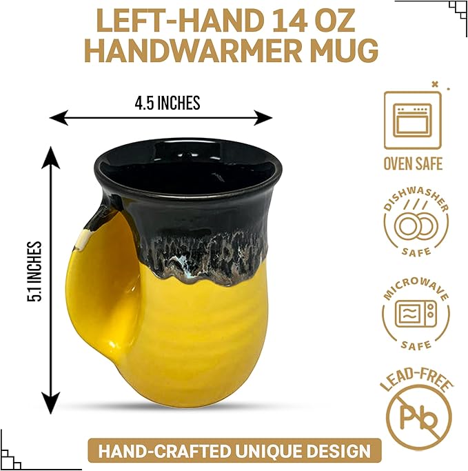 Clay in Motion Hand Warmer Coffee Mug – Handmade Coffee Mug With Comfortable Handle Contoured Pocket Hand Warming Ceramic Coffee Mug – Proudly Made in USA – Left Handed – 14 Oz - Yellow Black