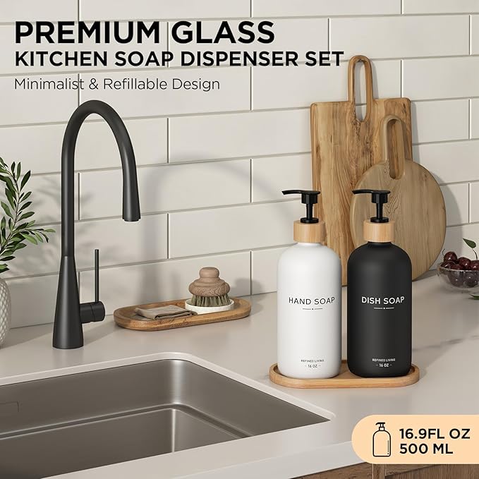 Hand and Dish Soap Dispenser Set,16oz Glass Bottles with Bamboo Pumps & Tray,Countertop Soap Dispensers for Kitchen,Luxury, Minimalist & Farmhouse Decor