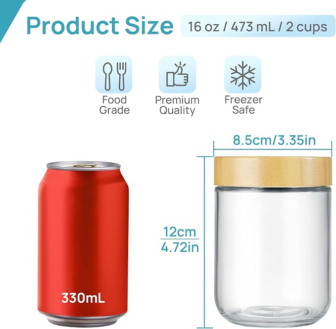 Vtopmart 12 Pack 16oz Glass Overnight Oats Containers with Bamboo Lids, Portable Wide Mouth Glass Jars Leak Proof, Reusable Glass Food Storage Containers for Yogurt Chia Pudding Salad Pickling Snacks
