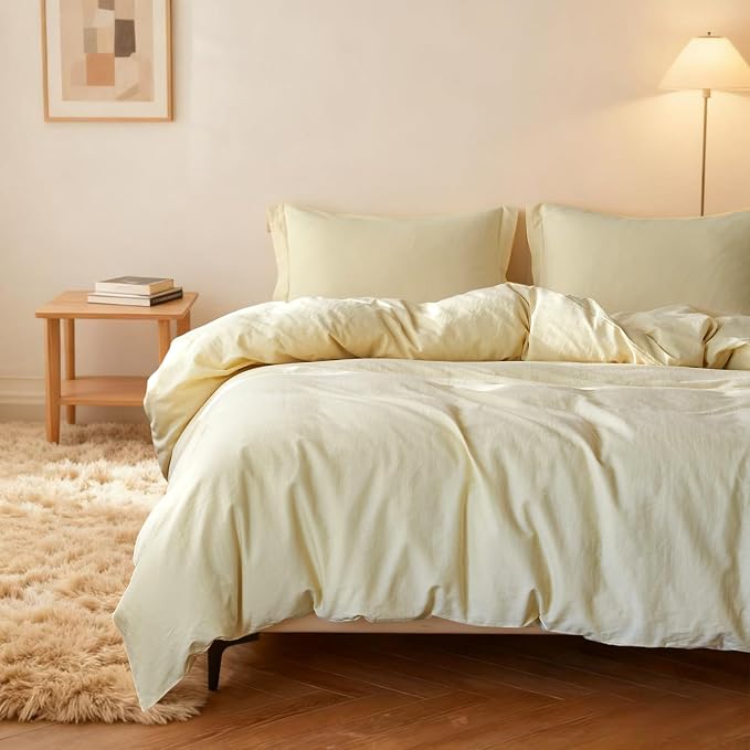 Simple&Opulence French Linen Duvet Cover Set - King Size(104"x 92")- 3 Pieces (1 Comforter Cover,2 Pillowcases)-Natural Flax Cotton Blend-Solid Color Breathable Farmhouse Bedding-Pale Yellow