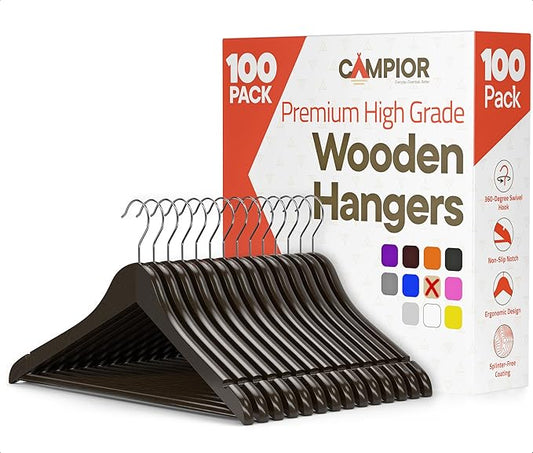 Vintage Wooden Hangers 100 Pack – Heavy-Duty with 360° Swivel Hook, Non-Slip, Pants Bar & Shoulder Grooves - Wooden Hangers for Suits, Jackets, Dresses & Camisoles, Space-Saving and Smooth Finish
