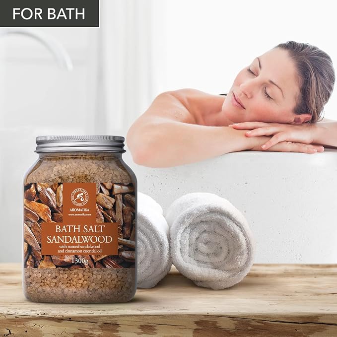 Bath Sea Salt Sandalwood 46 Oz (1300g) - Bath Salts with Sandalwood & Cinnamon Essential Oil for Bath Soak - Relaxing Bath - Muscle Relaxation - Aromatherapy Bath Salts - Sea Salt Bath