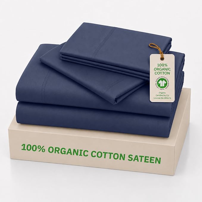 California Design Den King Bed Sheets Set - 100% Organic Cotton King Size Sheets Set, Soft and Lightweight Sateen, Deep Pockets, Durable Bedding - Navy