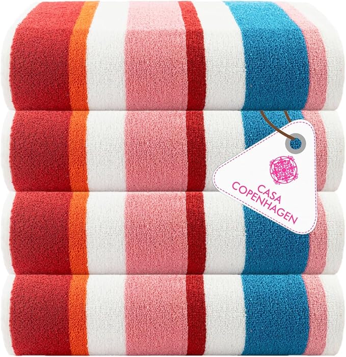 CASA COPENHAGEN Bora Bora Beach Towels Designed in Denmark Rough and Tough, Quick Dry, for Pool, Bath & Shower 30x60 inches 4 Pieces Cotton Beach Bath Towels Set - Pink