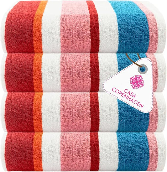 CASA COPENHAGEN Bora Bora Beach Towels Designed in Denmark Rough and Tough, Quick Dry, for Pool, Bath & Shower 30x60 inches 4 Pieces Cotton Beach Bath Towels Set - Pink
