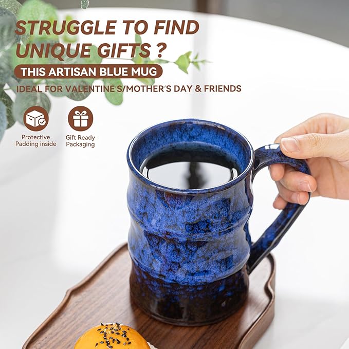 22oz Blue Kiln-Change Ceramic Coffee Mug with Ergonomic Handle, 1340℃ High-Fire Large Mug - Lead-Free, Microwave Safe, Great Gift for Valentine’s/Mother’s Day