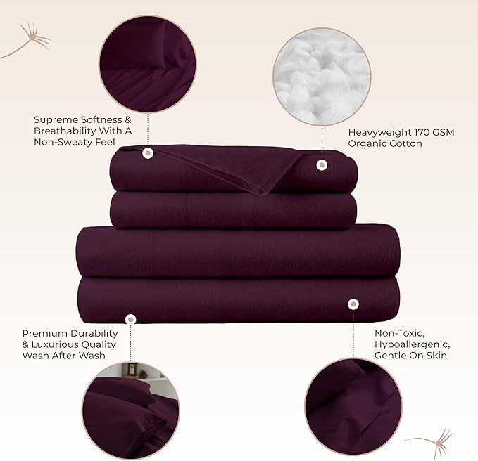 100% Organic Flannel Sheets Twin Size - GOTS Certified 100% Cotton Flannel Sheets Set with Comfortable Soft Brushed Finish & Deep Pocket - 1 Flat 1 Fitted & 1 Pillowcase (Aubergine, Twin)