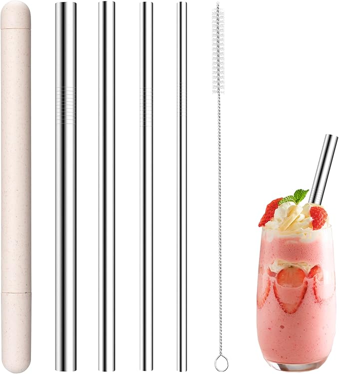 4-Pack Stainless Steel Straw Set - 215mm (8.5") Length, 6/8/10/12mm (0.24"/0.31"/0.39"/0.5") Diameters - Fits Coffee, Smoothies & All Cup Sizes - Reusable & Dishwasher Safe(Beige)
