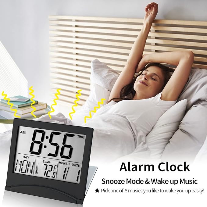 KANBIT Small Digital Travel Alarm Clock Battery Operated, Portable Large Number Display Alarm Clock with Date & Temperature,12/24 H Small Desk Clock-Black(No Light)