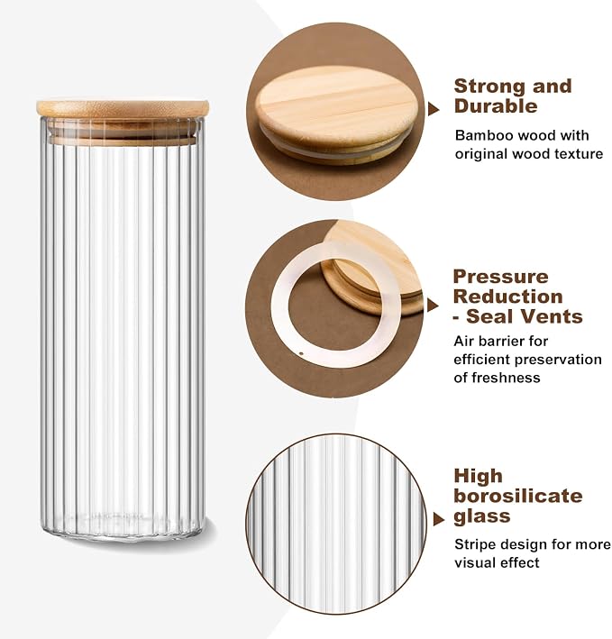 800ml/27.05oz Glass Jars with Bamboo Lids - Round Pasta Storage Containers - Large Clear Kitchen Canisters with Sealing Lids - Glass Food Storage Jars for Oats,Nuts,Flour