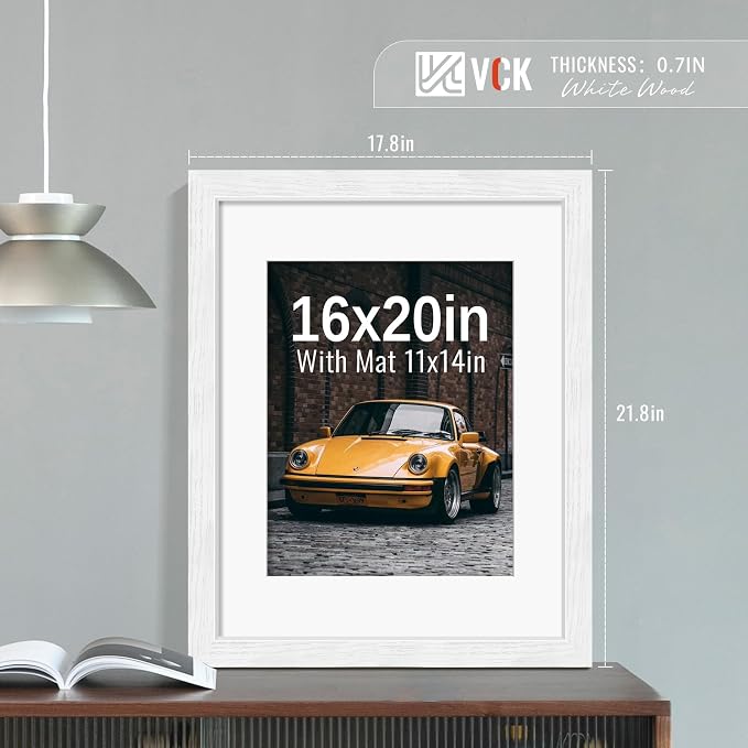 VCK 16x20 Picture Frames White 3 Pack, Wide Border Wood, Tempered Glass, Display 11x14 Photo with Mat or 16 x 20 without, for Home, Office, Gallery, Woodgrain Series, Wall Hanging