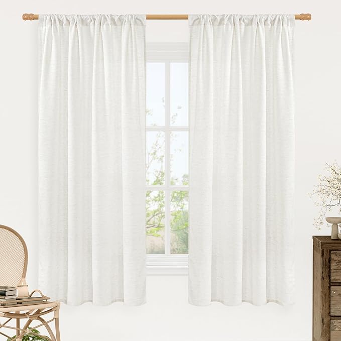 LAMIT Light Filtering 63 inch Length Linen Curtains, Soft Linen Textured Rod Pocket Neutral Boho Drapes Window Treatment Panels for Living Room/Bedroom, 2 Panels Set, 42 x 63 Inch, Ivory White
