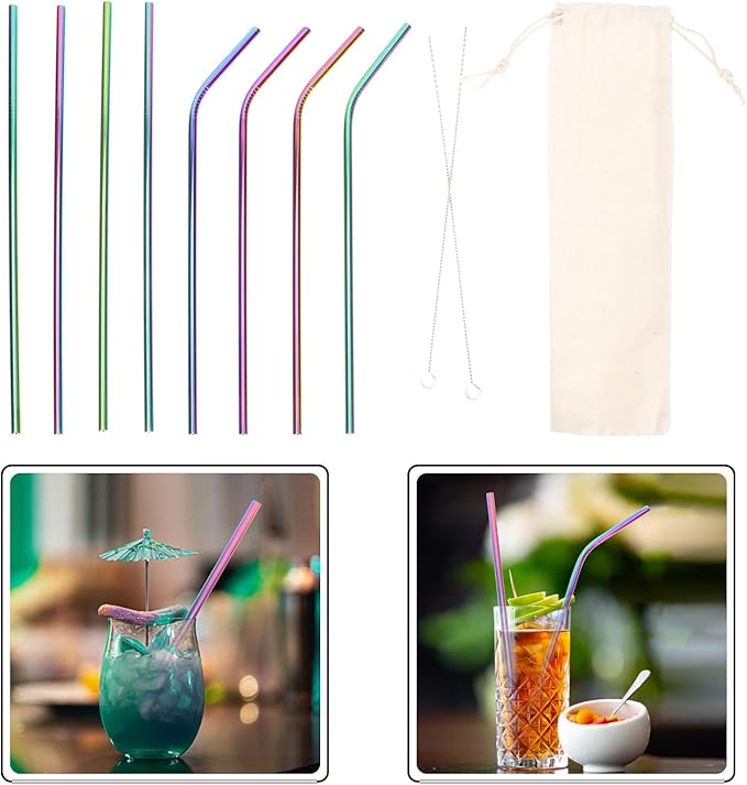 Zerodeko Reusable Stainless Steel Straws Set 11pcs Colorful 304 Metal Drinking Straws with Cleaning Brush and Carrying Pouch for Juice and Beverage Use