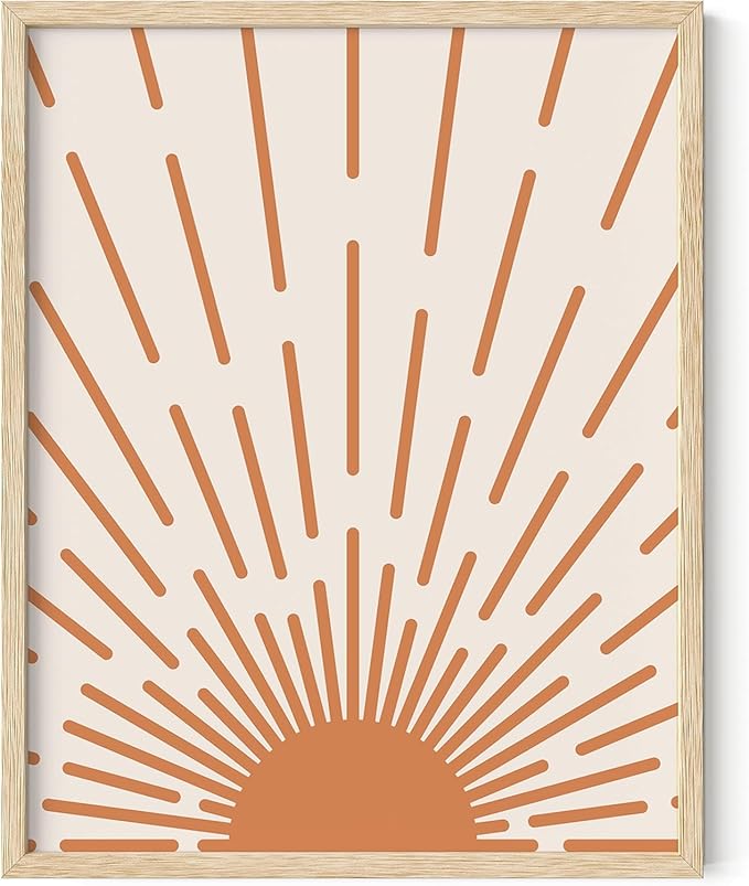 Minimalist Sunburst Wall Art Abstract Geometric Arch Earth Tones Terracotta Mid Century Modern 11x14 Inch Oak Wood Beige Framed Boho Sunrise Print for Bedroom Living Room Decor