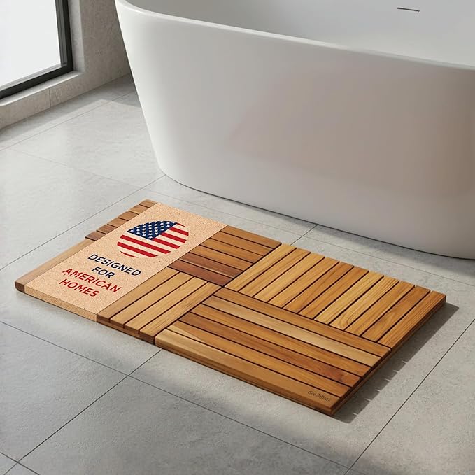 Premium 39"x21" Solid Teak Shower Mat, Extra Large Foldable Teak Bath Mat, Fast-Drain Slatted Design, Non-Slip Feet, Quick Dry for Bathroom, Door, Sauna, Indoor & Outdoor, 385 Lbs Capacity