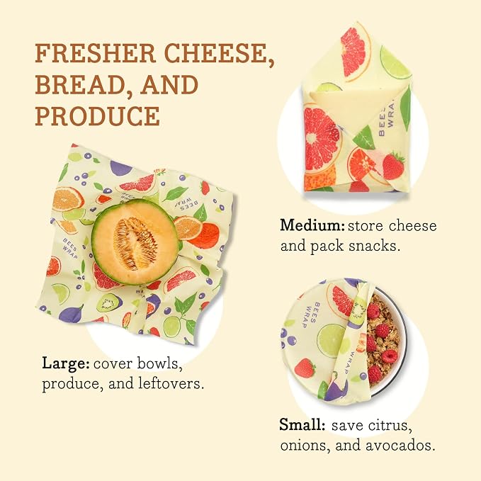 Bee's Wrap Beeswax Wraps for Food - 3 Pack of Assorted Beeswax Wraps - Small, Medium & Large Wrap - Plastic Free Made in USA Reusable Natural Food Wrap - Fresh Fruit Print