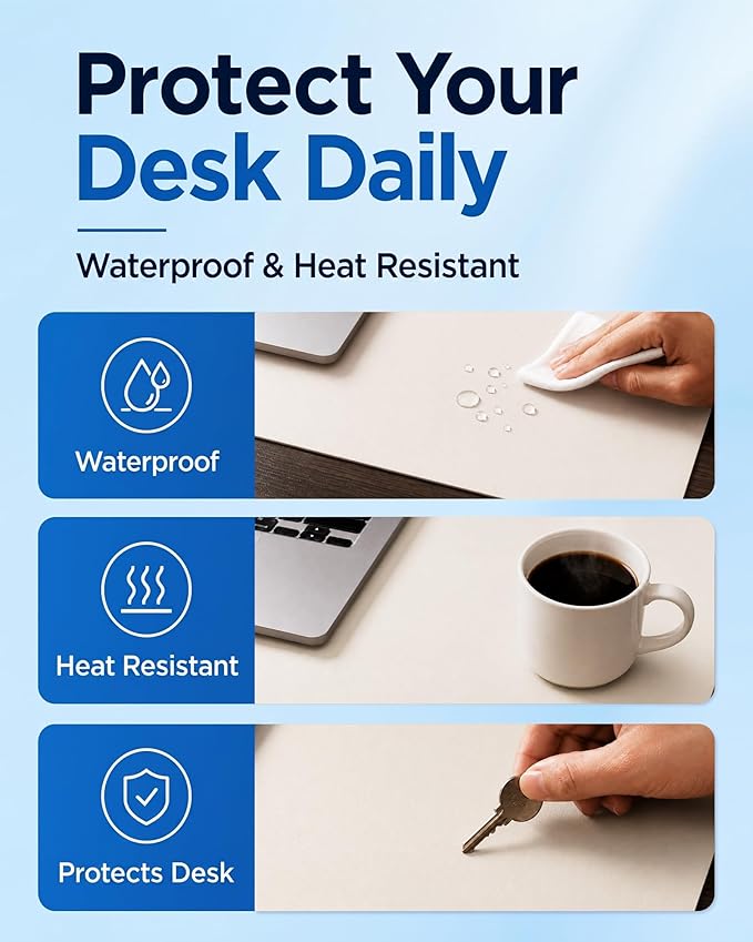 Aothia Cork Desk Mat - Dual-Sided XL PU Leather Desk Pad & Full Desk Protector, Large Waterproof Desktop Mat for Office & Gaming (47" x 23.6", Off-White)