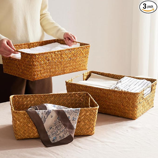 Seagrass Storage Basket with Handles, Stackable Woven Baskets Bins Container for Organizing Shelves Bedroom Living Room, Set of 3, Natural