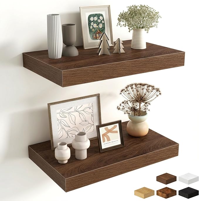 Fun Memories Wood Floating Shelves 16 Inch, 10 Inch Deep Shelves Wall Mount, Wall Shelves with Invisible Bracket, 16" Floating Shelves for Living Room Bathroom Bedroom, Walnut, Set of 2