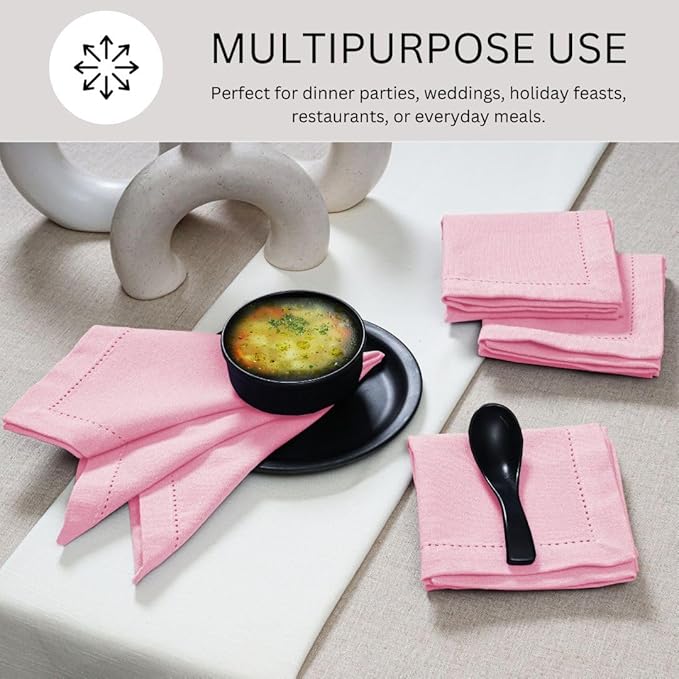 Hemstitch Dinner Napkins 100% Cotton Set of 6 - for Dining Special Occasions Weddings Parties Holidays Easter - Soft Durable Reusable - Elegant 18x18 Inch Table Cloth Napkins Baby Pink