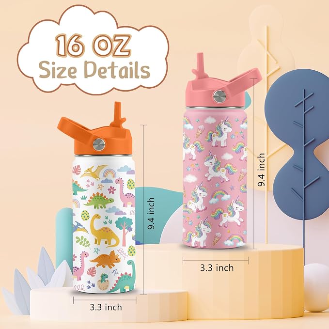 16 oz Water Bottle with Straw Lid, 2 Pack Set, Dinosaur Unicorn Gifts for Boys Girls, Stainless Steel Insulated Water Bottles for School Travel Outdoor Sports, Cute Cups Birthday Gifts