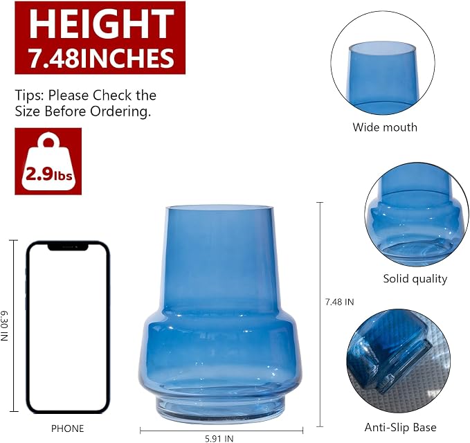 Relexome Blue Glass Flower Vase for Centerpieces Bouquet Flowers Modern Wide Mouth Glass Vase Decorative Bud Vases for Home Decor, Living Room, Kitchen, Dining Table, Entryway 7.3 Inch